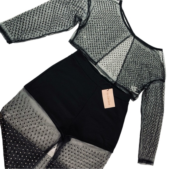 SHEIN - NWT Rhinestone Detail Contrast Mesh Flare Leg Pants - Large - Picture 16 of 16